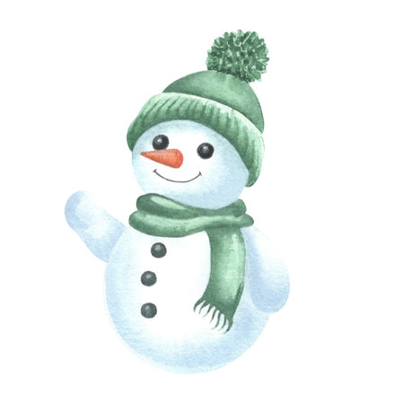 Snowman with green knitted hat and scarf. Cute cheerful character for winter holiday design. Hand drawn watercolor illustration isolated. Clipart for Christmas and New Year kidsの写真素材