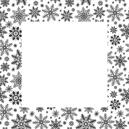 Snowflakes square frame. Template postcard with copy space. Vector graphic illustration for Christmas or New Year. Ice stars for winter holiday design. Isolated clipart for webのイラスト素材