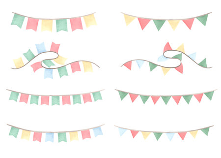 Set of garlands of pennants flags. Hand drawn watercolor illustration isolated. Christmas and New Year winter holiday clipart. Festive background. Template for postcard, birthdayの写真素材