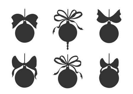 Set of silhouettes of Christmas tree balls with bows. Vector graphic illustration. Decorations for home. Collection of winter holiday backrounds. Festive clipart for postcardのイラスト素材