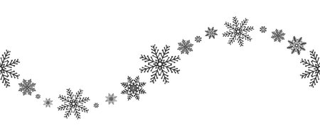 Snowflakes waves seamless border. Vector graphic illustration for Christmas or New Year festive design. Ice stars for winter holiday background. Festive template for cardのイラスト素材