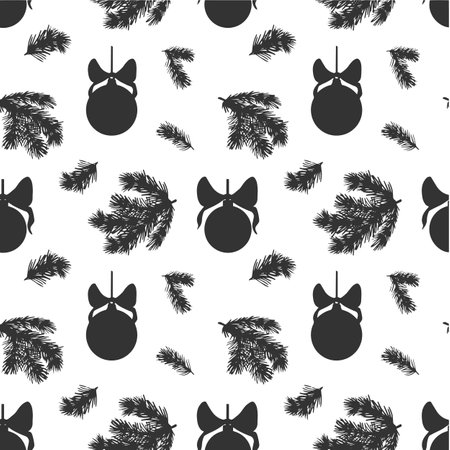Pine twigs with cristmas tree ball. Seamless pattern. Spruce tree branch. Vector graphic illustration of traditional winter background. Holiday template for New Year card, wrappingのイラスト素材