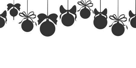 Christmas tree balls with silk bows. Seamless border for New Year design. Vector graphic illustration. Winter holiday background. Festive template for postcard, window, wrappingのイラスト素材