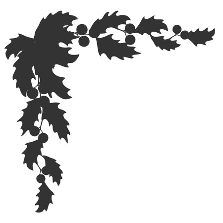 Holly leaves and berries. Vector graphic black and white illustration. Christmas corner frame with traditional plant. Background for winter holiday. Festive template for cardのイラスト素材
