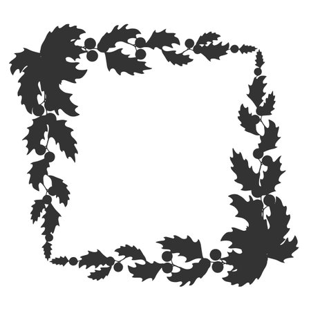 Holly leaves and berries. Vector graphic black and white illustration. Christmas square frame with traditional plant. Background for winter holiday. Festive template for cardのイラスト素材