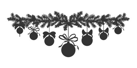 Christmas tree balls with bows on pine branch. Vector graphic frame. Black and white illustration. Winter border of spruce twig. New Year decorating. Holiday template for postcardのイラスト素材