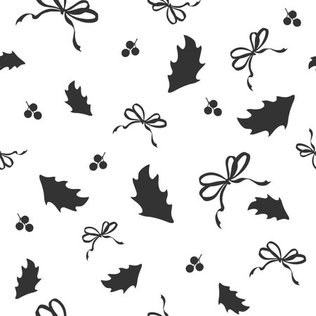 Holly leaves, berries and bows seamless pattern. Vector graphic illustration for Christmas and New Year design. Winter holiday background. Festive template for showcase, wallpaperのイラスト素材