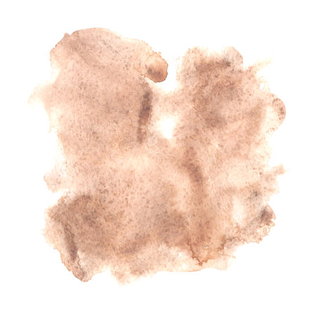 Watercolor stain of spilled coffee. Hand drawn illustration of mocha mousse splash. Abstract brown background of mixing paints. Pastel blobs of ink. Texture of burnt paper. Clipartの写真素材