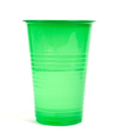 green plastic cup isolated on white backgroundの写真素材