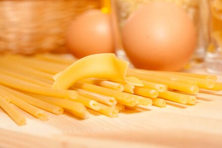eggs and spaghetti. selective focus