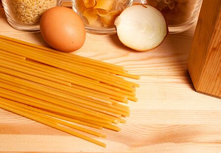 noodle and spaghetti on the kithen tableの写真素材