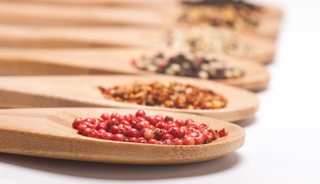 different spices in wooden spoons