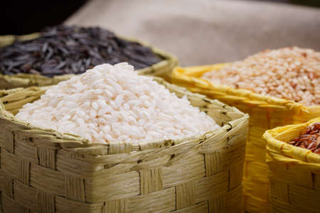rice in baskets on the tableの写真素材