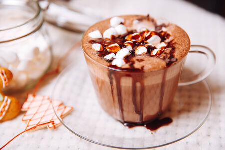 cup of cocoa with the foam, gingerbread, cakes and marshmallows in the festive decorations on white clothの写真素材