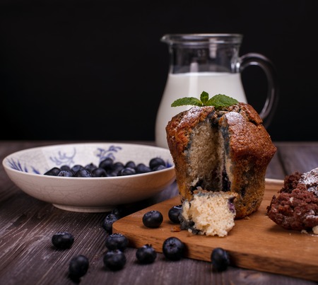 fresh blackberry cupcake with berries and milkの写真素材