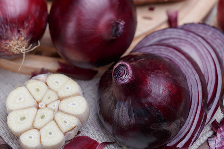 onion, bread and garlicの写真素材