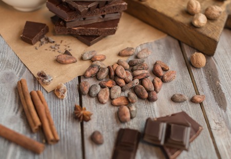 raw cocoa beans on the wooden tableの写真素材