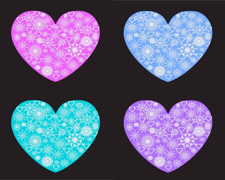 four heart-patterned from a variety of snowflakes on a black background.のイラスト素材