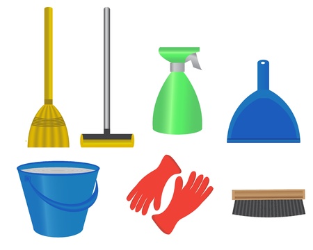   articles for cleaning the room, a bucket of water, mop, broom, brush, rubber gloves for washing and dustpan  のイラスト素材