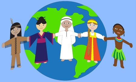 People of different nationalities holding hands on a globe.  のイラスト素材