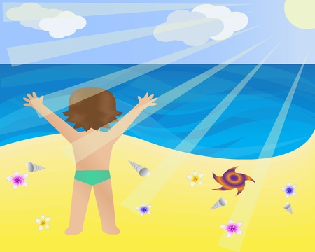 child stands on the beach and watching the seaのイラスト素材