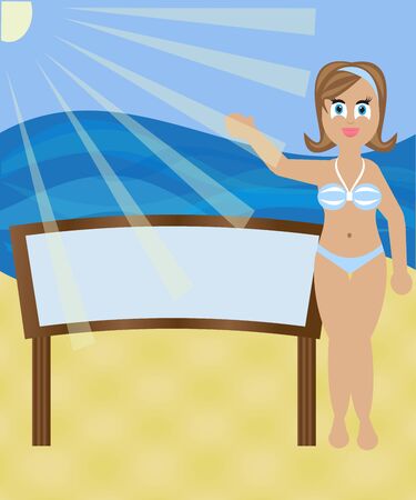 girl on the beach standing next to the message boardのイラスト素材