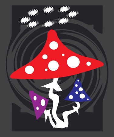 three mushroom caps with colored on a dark backgroundのイラスト素材