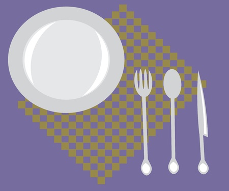 an empty plate, fork, spoon and knife on a napkin.  のイラスト素材