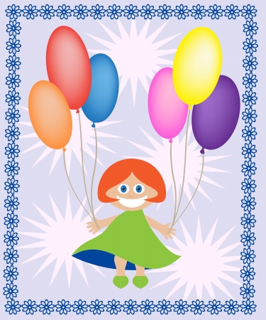 Redhead girl holding balloons of different colorsのイラスト素材