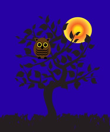 an owl sitting on a tree at night  のイラスト素材