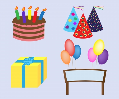gift, balloons, greeting board covers and cake.のイラスト素材