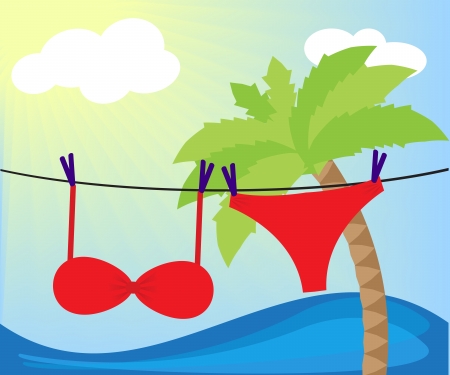   Swimsuit drying on the line against the backdrop of sea and palm treeのイラスト素材