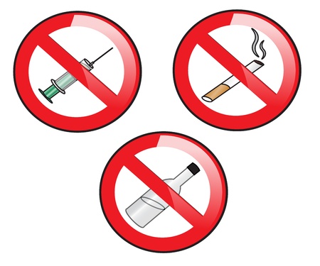 red signs prohibiting smoking, alcohol and drugsのイラスト素材