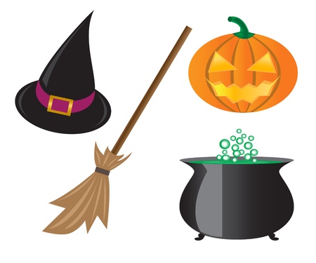 Things for Halloween, pumpkins, witches hat, pot and a broom.  のイラスト素材
