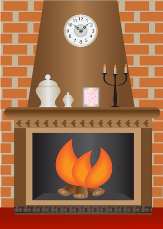 fireplace with a fire burning against a brick wallのイラスト素材
