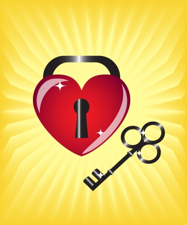 three-dimensional heart-lock and black shiny key on a yellow backgroundのイラスト素材