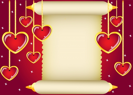 gold scroll and hanging hearts on red backgroundのイラスト素材