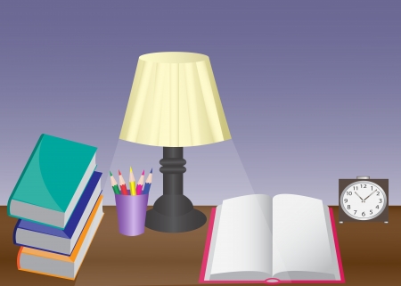 a desk with a lamp, books, alarm clock and pencilsのイラスト素材