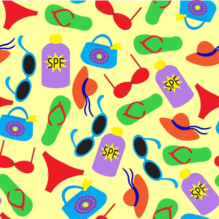 striking pattern featuring various beach items, sunglasses, bag, bathing suit, cream, slippers and hats  のイラスト素材