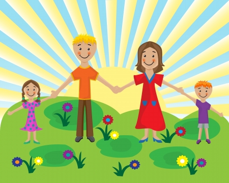 Mom, Dad and the kids are holding hands on the background solar lawnのイラスト素材