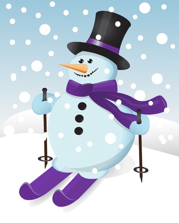 snowman in a hat, scarf and skiのイラスト素材