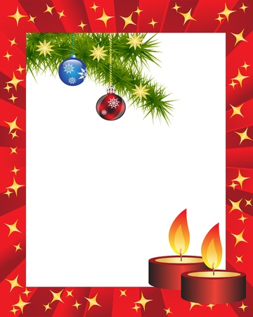 red frame is adorned with Christmas candles and fir branches and toysのイラスト素材