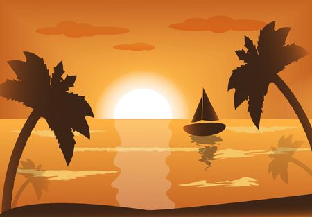 ship into the sea at sunset and palm trees  のイラスト素材