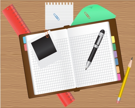 diary and office supplies on a wooden table  のイラスト素材