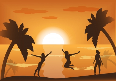 three active female silhouette at sunset by the seaのイラスト素材
