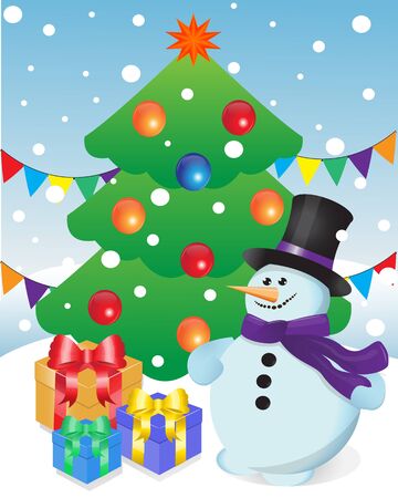 snowman and gifts on the background of the Christmas tree  のイラスト素材