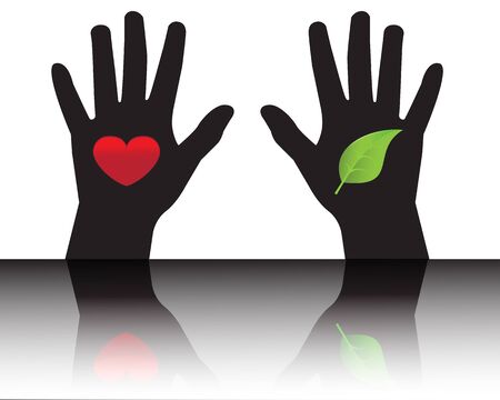 Black silhouettes of hands showing leaf and heart  のイラスト素材