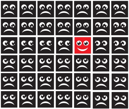 black squares with the image of sad faces looking at the cheerful square  it is highlighted in red のイラスト素材