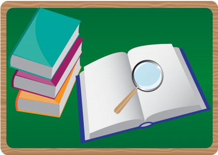 stack of books and magnifier on the background of an open bookのイラスト素材