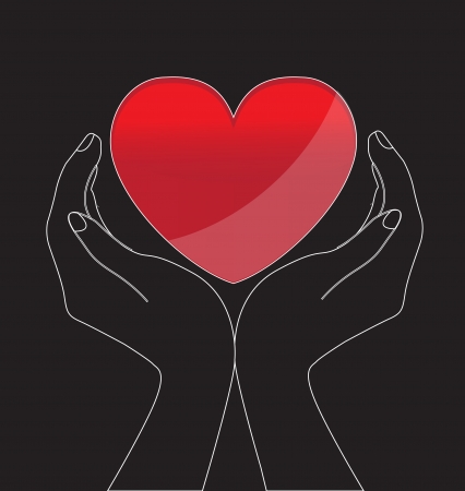 Silhouettes of two hands holding a heart on a black backgroundのイラスト素材